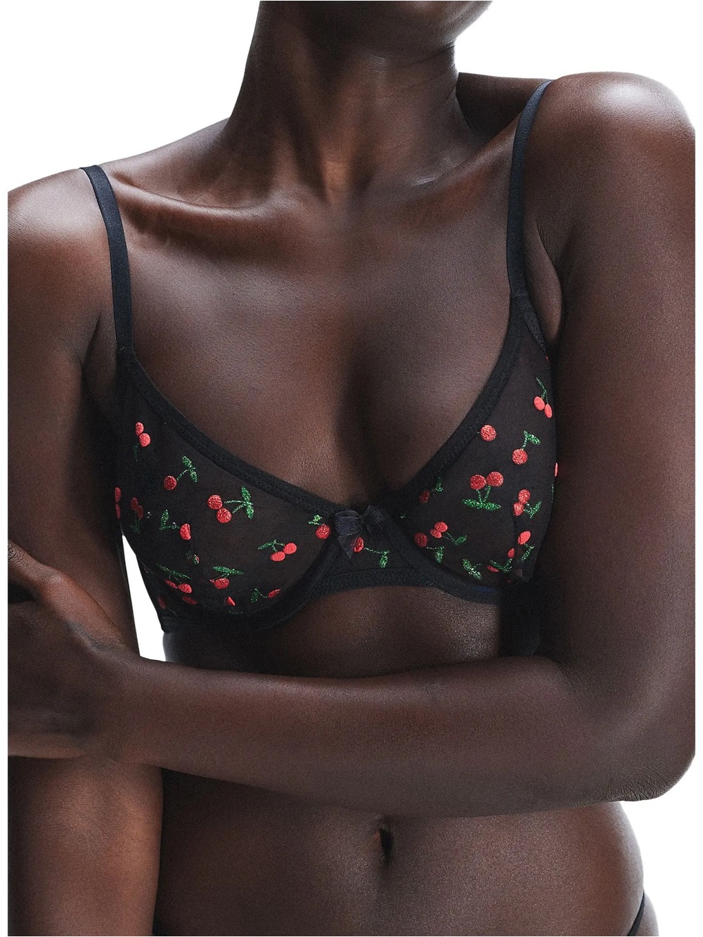 Savage X Fenty Puff Glitter Cherries Unlined Demi Bra Black 36D Coquette Y2K